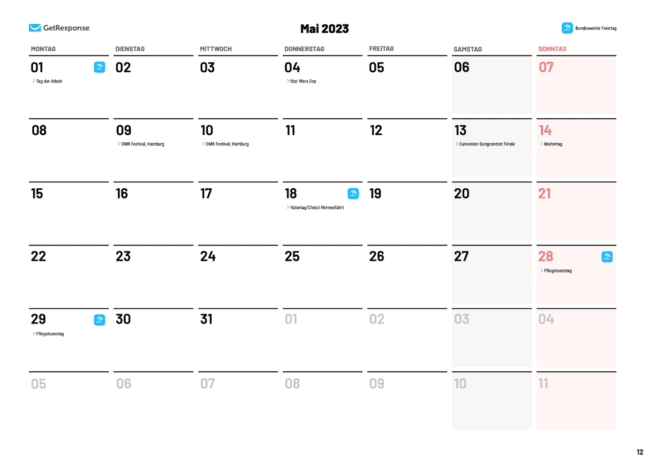Kalenderübersicht Monat Mai im Marketing Planer von GetResponse