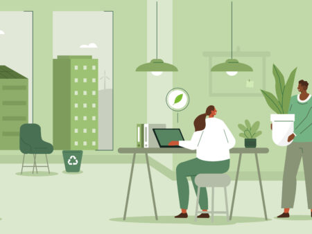 Sustainable workplace concept. Characters working together at environmental friendly office with plants. Vector illustration.